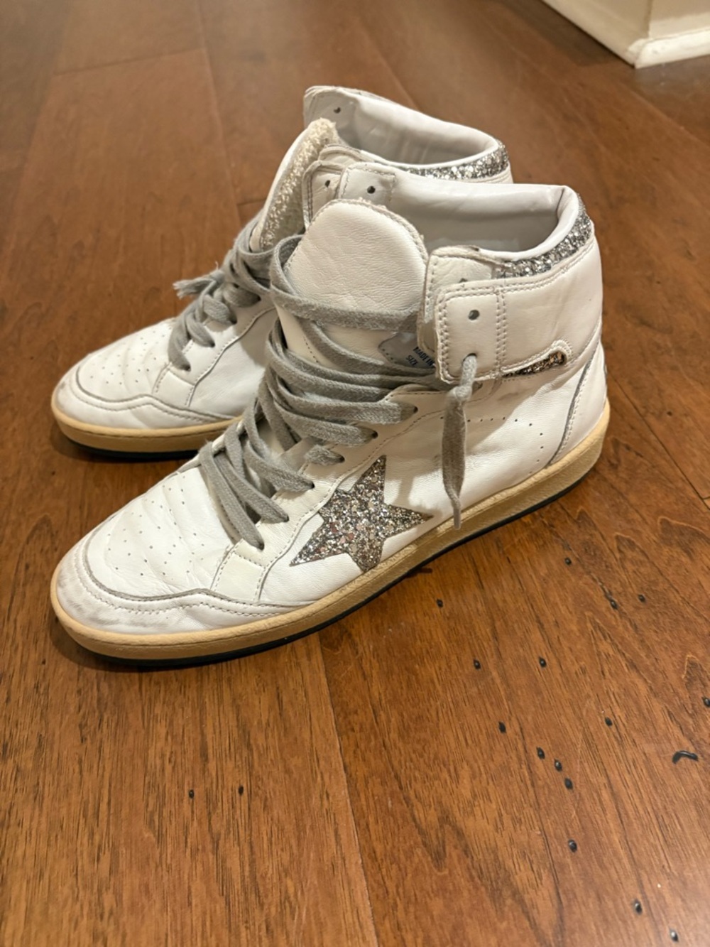 Golden Goose White High-Top Sneakers with Silver Glitter Star. Worn 2 times.